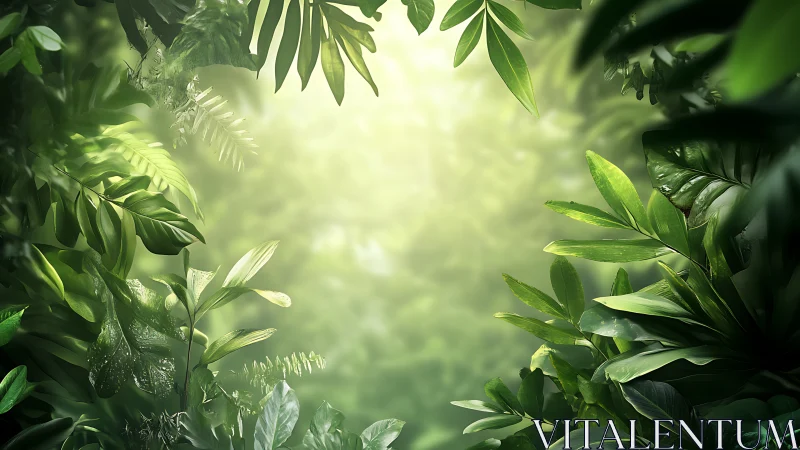 Lush foliage with soft light creating bokeh through layered green leaves