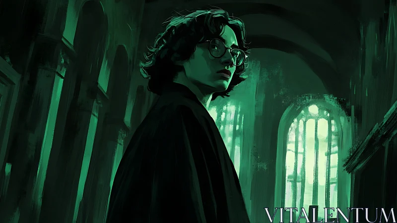 Curious wanderer pausing in a moonlit emerald hall.