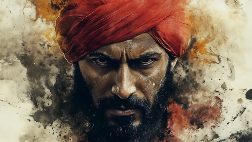 Storm-eyed warrior in crimson turban framed by swirling fire.