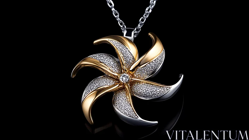 Elegant gold and silver spiral pendant sparkles in darkness.