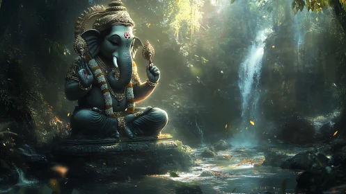Divine elephant deity statue in luminous rainforest waterfall grove.