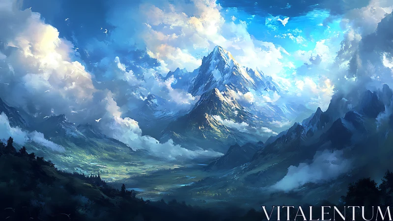 Layered alpine massif under volumetric clouds and diffused light