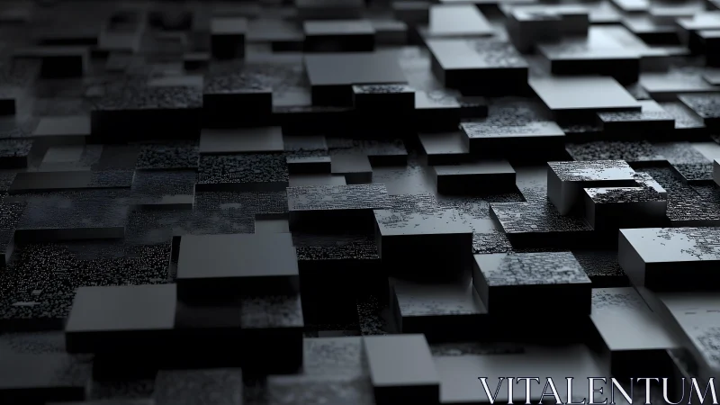 Dark geometric 3D abstract blocks with textured surfaces, modern style.
