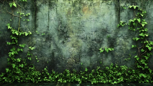 Weathered concrete wall surface partially covered by green ivy