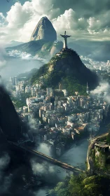 Christ statue overlooks misty coastal metropolis at sunrise.