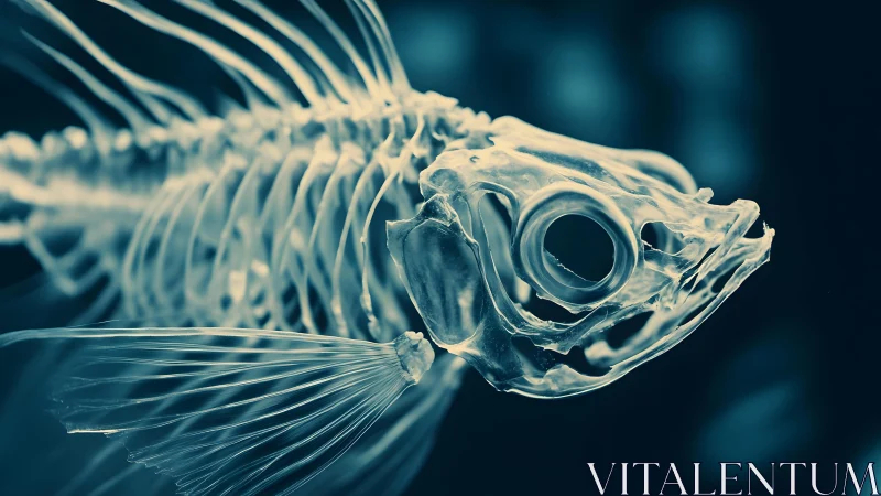 Close-up X-ray Style Image of Fish Skeleton with Blue Tones.