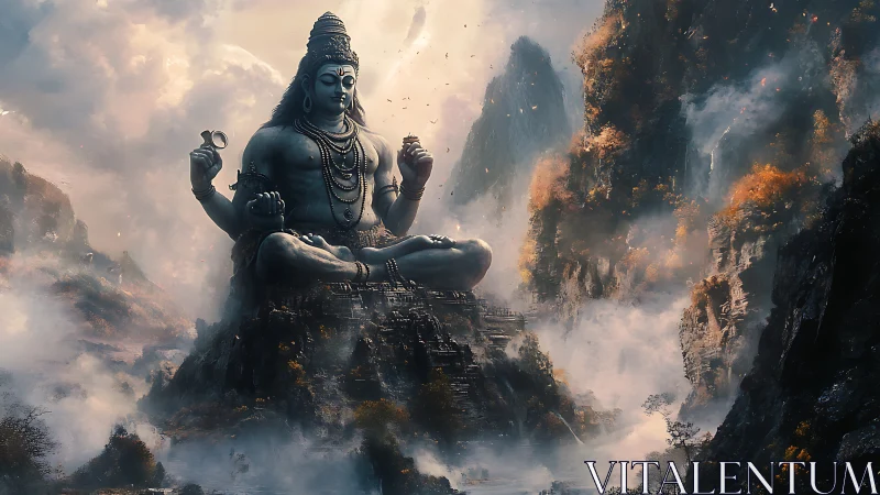 Colossal Shiva statue seated among misty mountain cliffs.