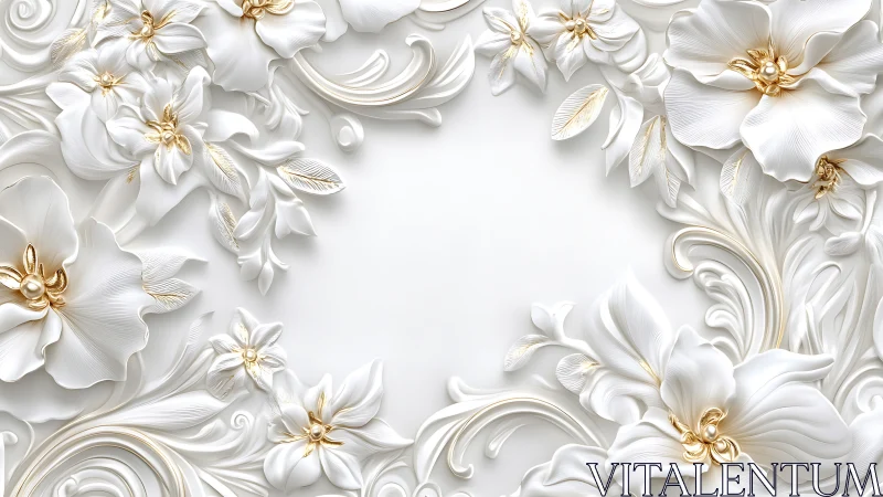 Three-Dimensional Relief Sculpture: White Petaled Botanical Forms with Gilt Accents