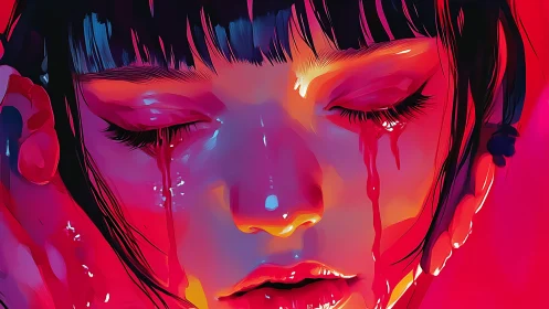 Chromatic portrait of weeping figure in neon spectral light.