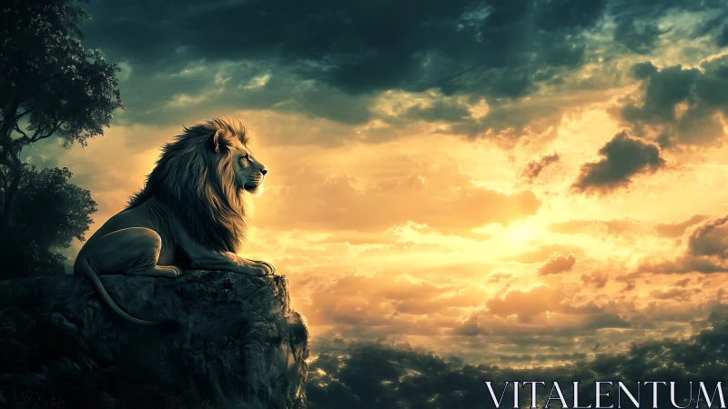 Sunset monarch lion brooding above a molten sky.