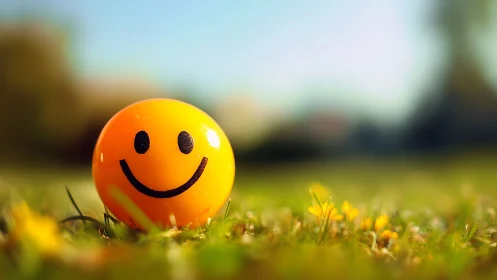 Orange smiley ball rests on grass in shallow field view