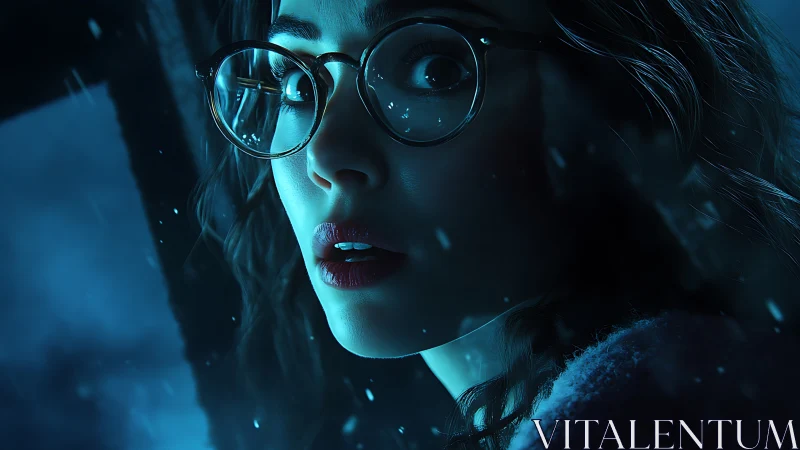 Midnight gaze in snowfall, framed by ghostly blue mystery.