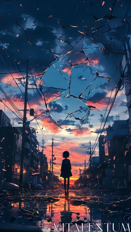 Twilight streetwalker beneath a shattering painted sky.