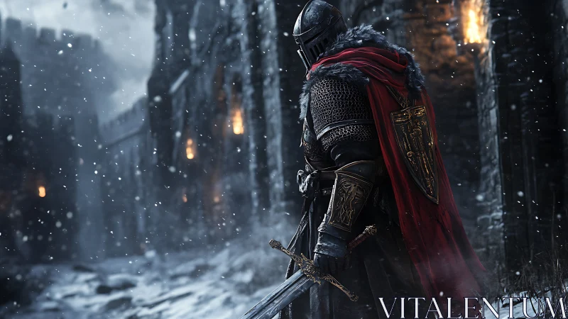 Armored winter sentry with gilded sword before burning battlements.