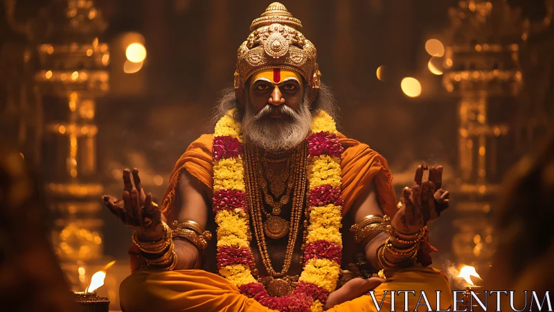 Sacred Hindu guru in golden temple light during ritual meditation.