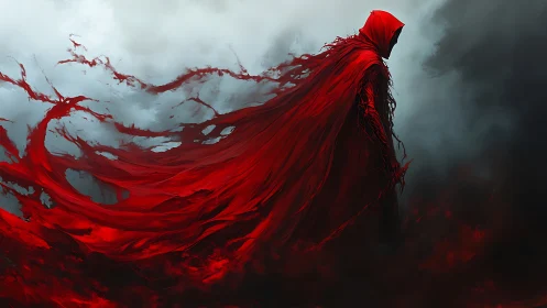 Crimson cloaked wanderer strides through swirling storm skies