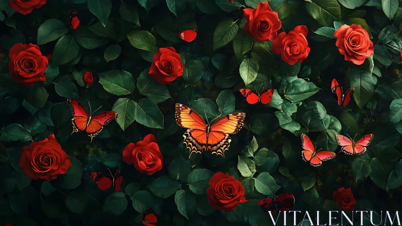 Red roses and orange butterflies in dense green foliage.
