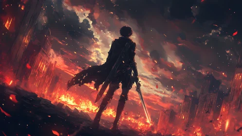 Lone swordsman dominates burning postwar city horizon.