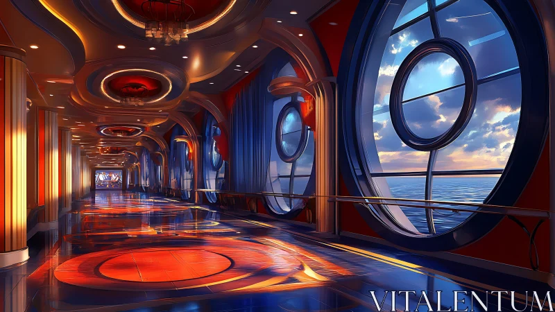 Sunlit ocean promenade with glowing art deco windows.