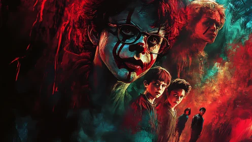 Horror ensemble portrait with clown makeup and neon duotone lighting