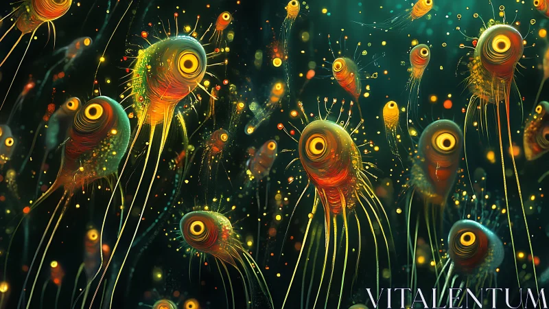 Bioluminescent micro-organism swarm rendered with layered luminosity