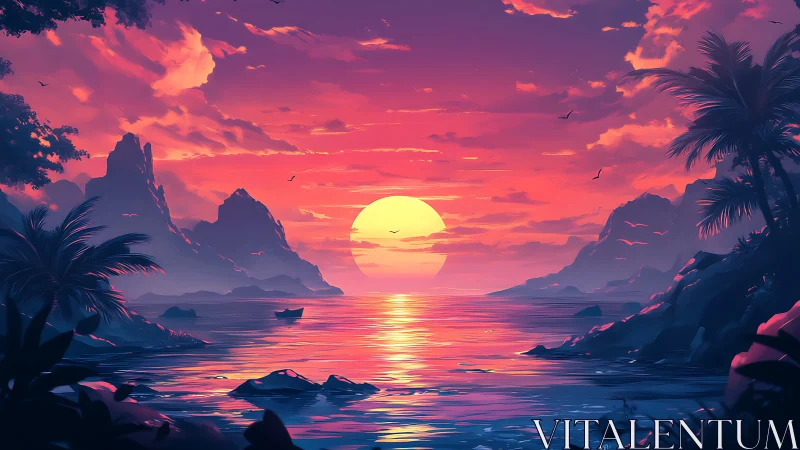 Coastal landscape with stylized sunset over calm water.