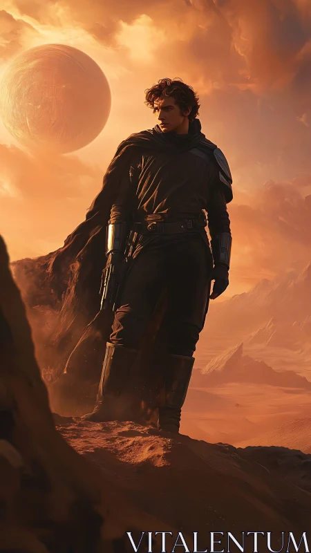 Cloaked sci fi wanderer on desert ridge beneath ringed planet