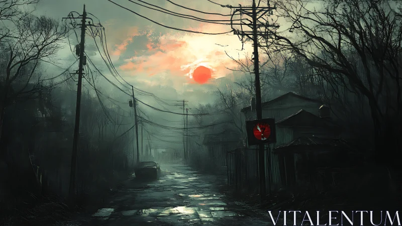 Deserted street with power lines under red sun at dusk.