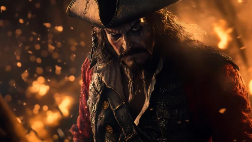 Brooding pirate captain glares amid swirling firelight and ash