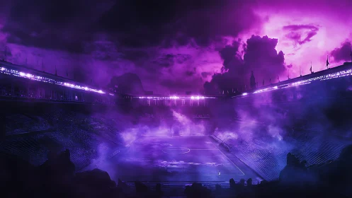 Spectral floodlit stadium under magenta storm atmosphere.