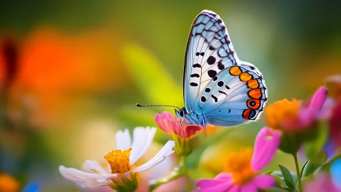 Blue butterfly on pink flower in vivid garden scene.