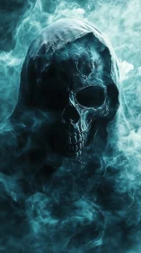Hooded grim skull emerging through swirling teal smoke.