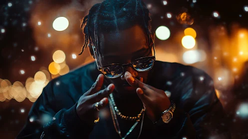 Person in night portrait adjusts sunglasses amid city bokeh