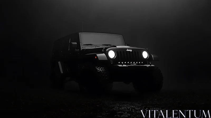 Off-road Jeep SUV emerges from low-key fog with intense headlamps