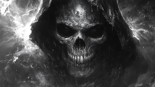 Grim reaper skull emerges from swirling shadowed smoke veil