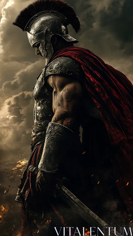 Armored warrior stands in profile holding sword at his side