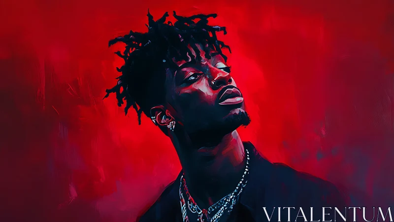 Portrait shows pensive man against vivid red abstract field