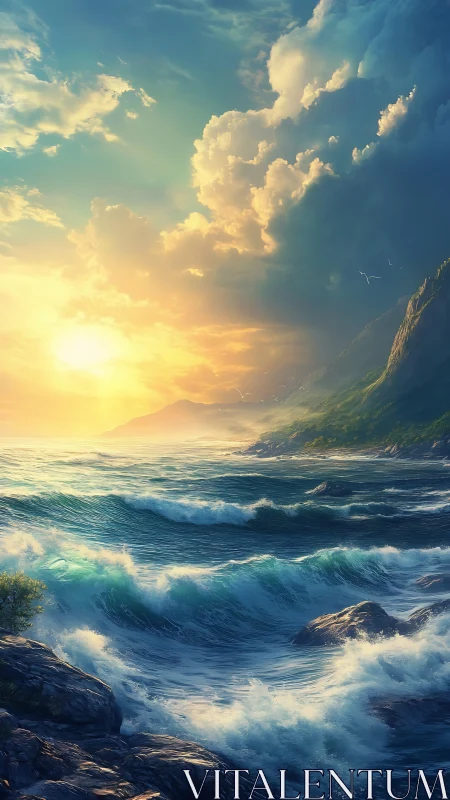 Sunlit storm waves crash toward luminous coastal cliffs.