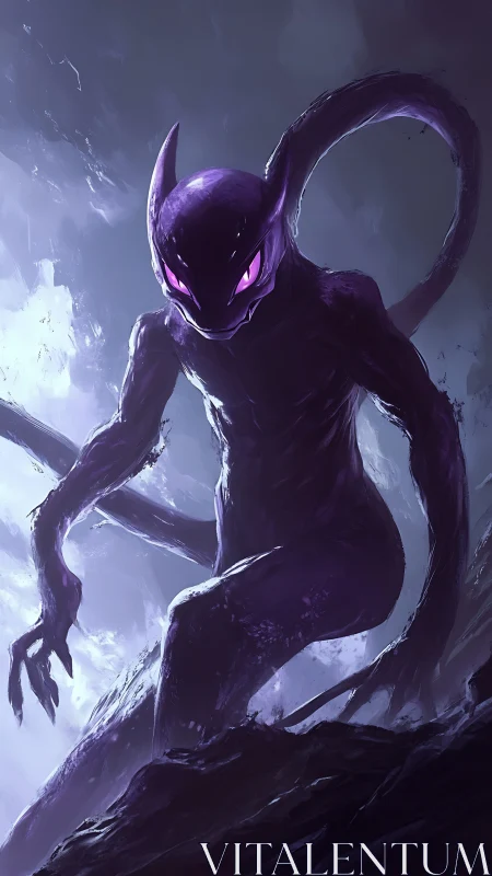 Digital painting of luminous-eyed alien predator in stormscape.