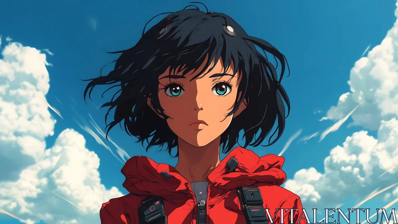 Skybound wanderer in red jacket under restless summer clouds.