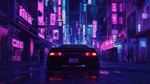 Neon drenched alley cruise with a retro cyberpunk coupe.