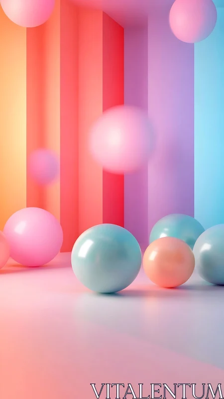 Playful pastel spheres drift gently through a colorful room