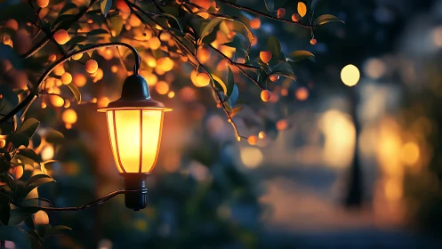 Glowing garden lantern among branches at dusk street scene.