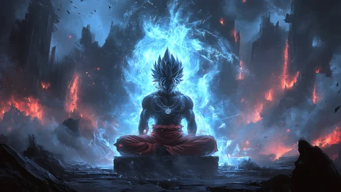 Cosmic warrior meditating in blue fire amid ruins.