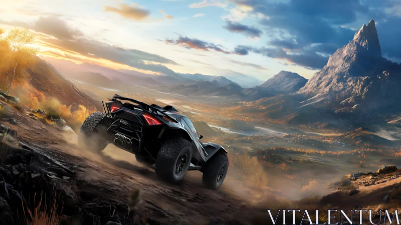 Off-road buggy descending rocky slope at mountain sunset.