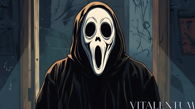 Hooded skull-mask figure framed in cracked doorway at night.