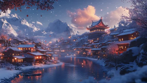 Snowlit riverside village glows beneath twilight mountain skies
