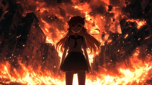 Silhouetted anime schoolgirl stands before apocalyptic urban inferno