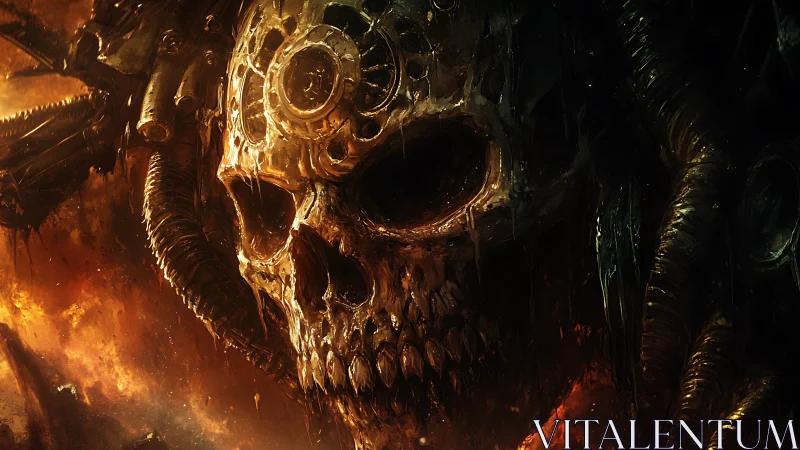 Burning biomech skull engulfed in molten industrial decay.
