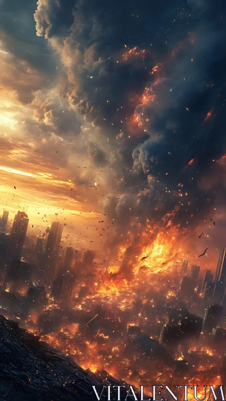 Urban skyline engulfed by large firestorm and smoke column.